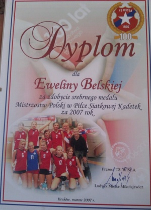 Dyplom dla Eweliny Belskiej, za zdobycie srebrnego medalu MP Kadetek, 2007r.