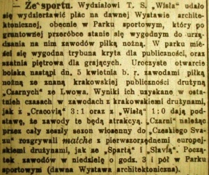 Wzmianka prasowa  o pierwszym stadionie Wisły. "Czas" 1 kwietnia 1914