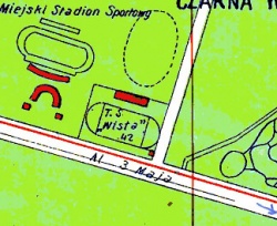 Wycinek mapy z 1936 roku. Kreskowany owal to stadion Jutrzenki