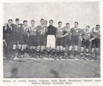 Drużyna Wisły tuż po reaktywacji w 1918 r. (od lewej): Wojnar, Habina, Węgrzyn, Mróz, Bujak, Przysławski, Szubert, Jacek, Szpurna, Reyman, Turmiński, Śliwa.