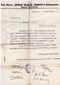 List SN "Wisła" Zakopane do J.Chrobaka 17.05.1935