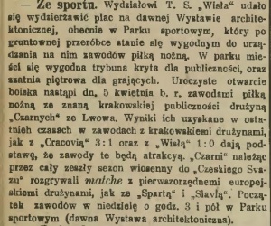 Wzmianka prasowa  o pierwszym stadionie Wisły. "Czas" 1 kwietnia 1914