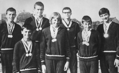 MP Poznań 1966. Od lewej: Jerzy Kękuś, Andrzej Kękuś, Jerzy Cupiał, Krystyna Krzywoń, Andrzej Radziejewski, Jan Król i Janusz Chmiel.