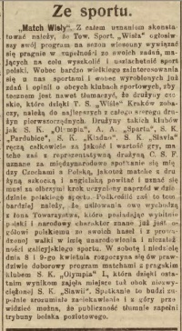 "Głos Narodu" z 1911 roku określający mecze Wisła-Česky Svaz Footballovy jako "międzynarodowe spotkanie się między Czechami a Polską"