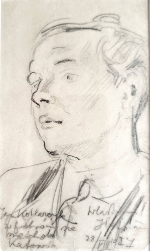 Portret Jana Kotlarczyka wykonany przez Wlastimila Hofmana w podróży na mecz z Ruchem.