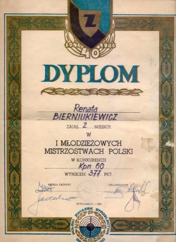 Dyplom dla Renaty Bierniukiewicz za srebro w MMP 1987.