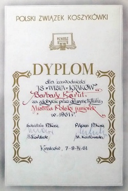 Dyplom za Mistrzostwo Polski Juniorek 1961.