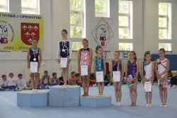 Dekoracja finału ćwiczeń wolnych IMP, Nysa 2015 (na miejscu trzecim Daria Kowalska, na siódmej pozycji Jagoda Pałys