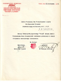 Pismo do wiceprezydenta m. Krakowa sygnowane przez Orzelskiego jako prezesa Wisły, 1935 rok.