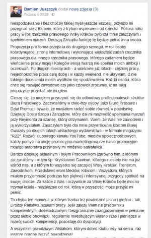 19.07.2017. Pożegnalny wpis Damiana Juszczyka na FB.