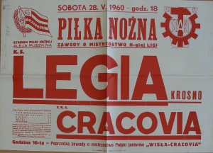Plakat zapowiadający mecz Cracovii w II lidze, przy okazji reklamuje derby juniorów. Data 28.05