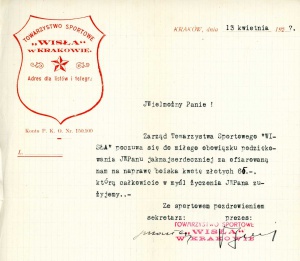 Pismo potwierdzające prace nad renowacją boiska wiosną 1927