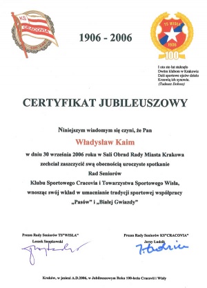 Certyfikat Jubileuszowy