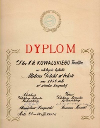Dyplom Teofila Kowalskiego za mistrzostwo Polski 1958.