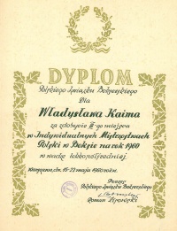 Dyplom za zdobycie III miejsca Mistrzostw Polski 1960.Ze zbiorów prywatnych Haliny i Władysława Kaimów.