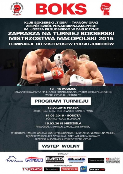 Oficjalny plakat promujący Mistrzostwa Małopolski w Boksie. Źródło: mzb.org.pl