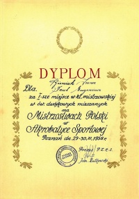 Dyplom z Mistrzostw Polski, Poznań 1958 (I miejsce w klasie mistrzowskiej w kat. dwójek mieszanych z Ireną Bieniak)