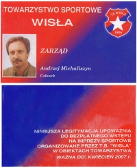 Andrzej Michaliszyn - legitymacja członka zarządu TS Wisła 2007.