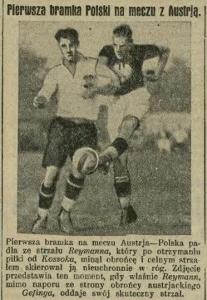 Henryk Reyman zdobywa bramkę dla Polski - w swoim stylu: mocnym, precyzyjnym strzałem. Mecz z Austrią z 1930 roku, rozegrany na stadionie Wisły, dzisiaj zaliczany jest do spotkań nieoficjalnych Kadry.