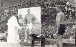 Hofman przy pracy w ogrodzie willi przy ul. Spadzistej. Do portretu pozuje Henryk  Reyman.