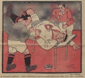 Karykatura obrazująca konflikt ligowców (Kuchar i Obrubański) z PZPN (Cetnarowski) w 1927 roku. Prezes PZPN zapowiada, że nawet jeżeli ligowcy go pokroją, to PZPN zorganizuje rozgrywki konkurencyjne wobec Ligi
