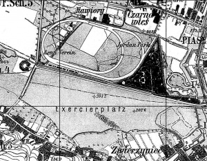 Wycinek mapy, prawdopodobnie z 1908 roku. Okolice Błoń. Dobrze widoczny park Jordana, a także tor wyścigowy.