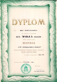 Dyplom za Mistrzostwo Ligi dla Ewy Zabajewskiej-Musiał.