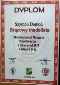 Dyplom za III miejsce MP 2013 Szymona Domonia.