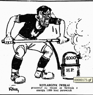 Jan Kotlarczyk w meczu Polska-Szwecja w 1928 oczami karykaturzysty.