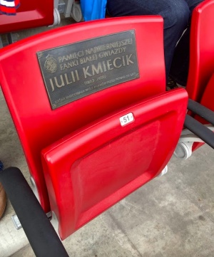 Tabliczka upamiętniająca miejsce Julii Kmiecik na stadionie